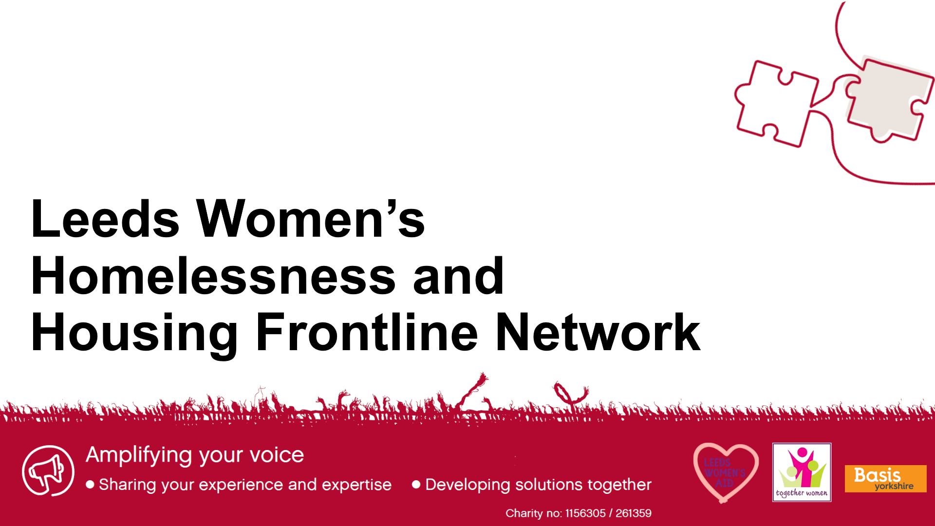 Leeds Women's Homelessness and Housing Frontline Network, with branding of puzzle pieces, all in red